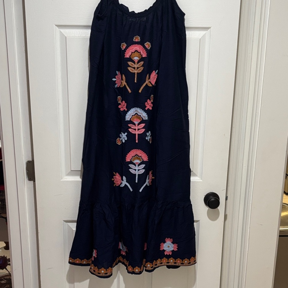 Anthropologie Coverall Navy Dress with Floral Embroidery